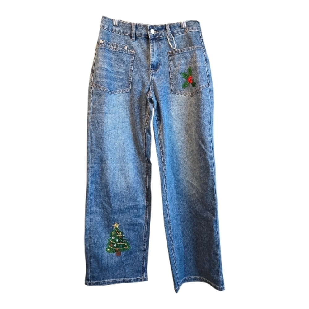 Flamingals Festive Blue Boot Cut Jeans with Holiday Embroidery